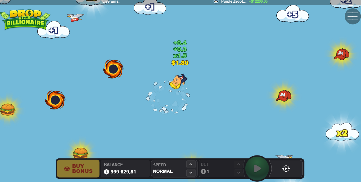 Millonario de Drop The Billionaire cayendo entre nubes multiplicadoras