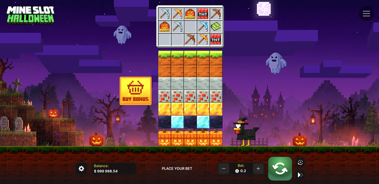 Mine Slot Halloween con columnas de bloques pixelados, barra de herramientas y botón Buy Bonus