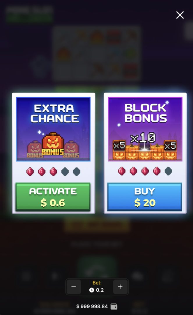 Mine Slot Halloween en móvil vertical con la ventana Extra Chance y Block Bonus
