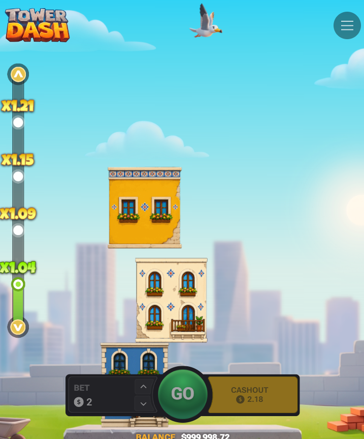 Tower Dash en vertical en el móvil con botones Go y Cashout