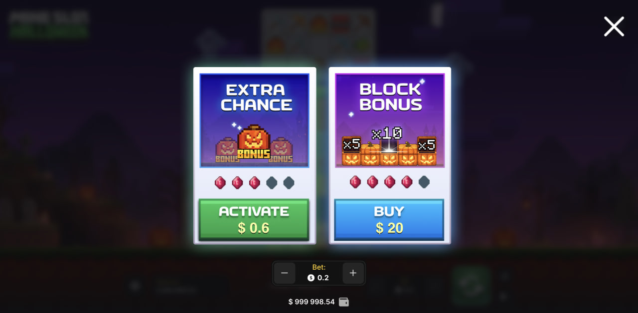 Mine Slot Halloween en ordenador con la ventana de Extra Chance y Block Bonus abierta