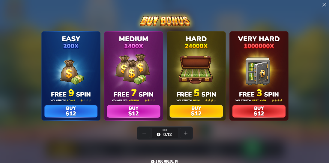 Las cuatro opciones de Bonus Buy con giros gratis de MegaBlock Empire