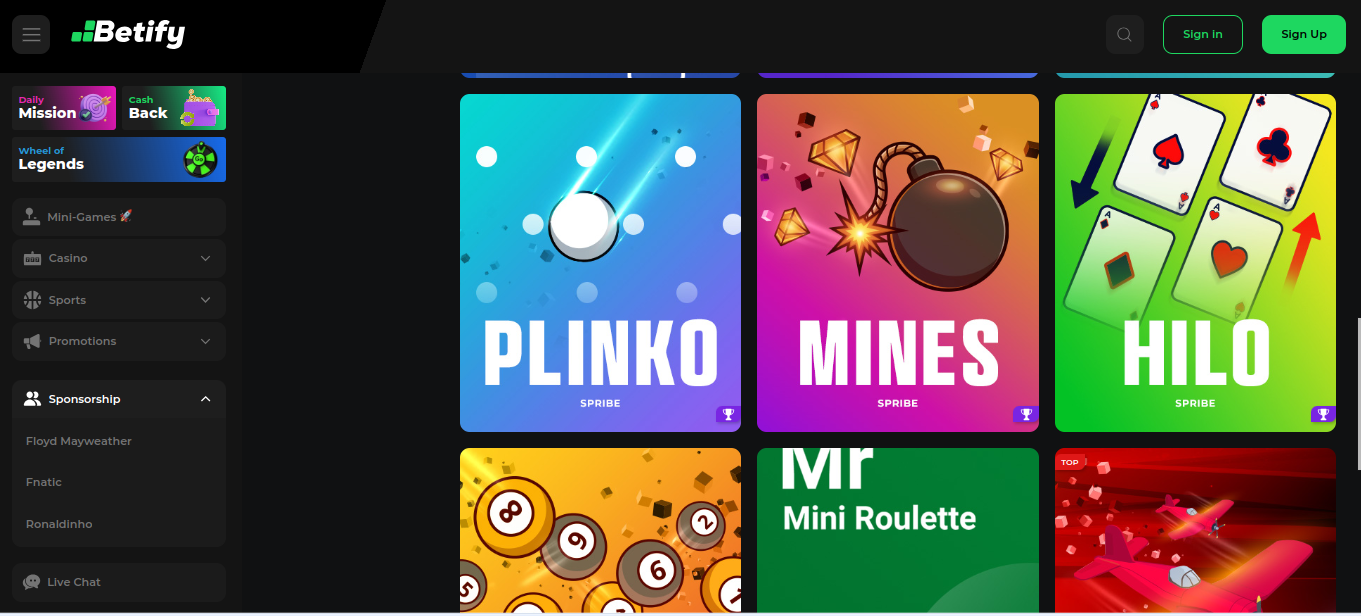 Apartado de juegos instantáneos de Betify con Plinko, Mines e Hilo