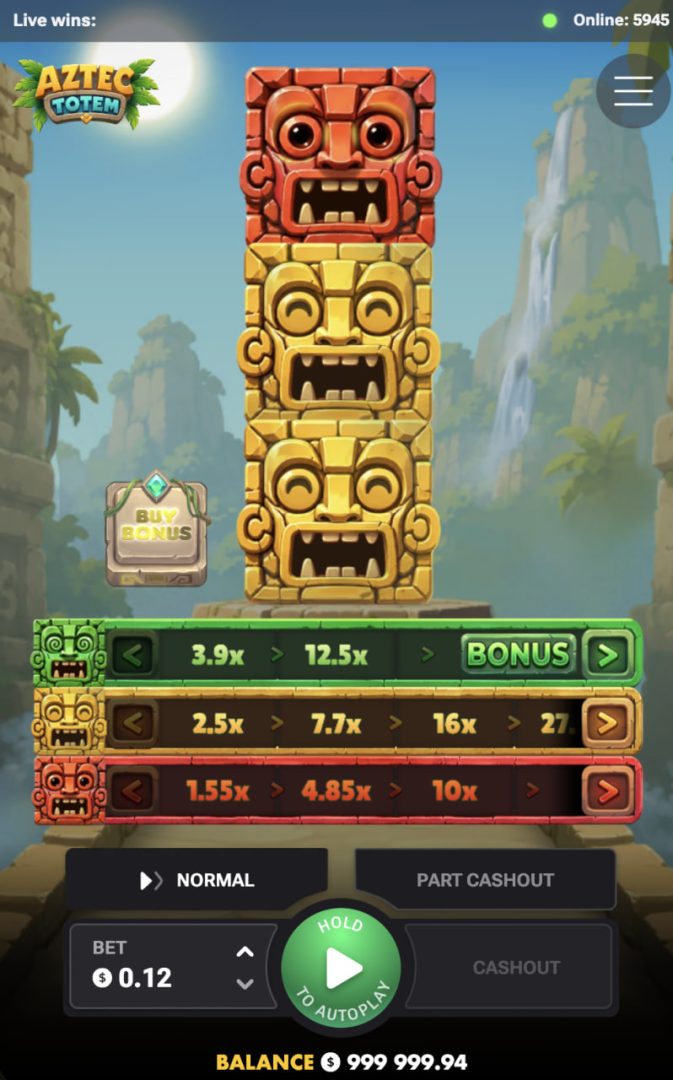 Aztec Totem en móvil vertical con tótem y botones de cobro