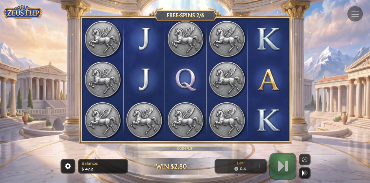 Rodillos de Zeus Flip durante los Free Spins con monedas plateadas de Pegaso